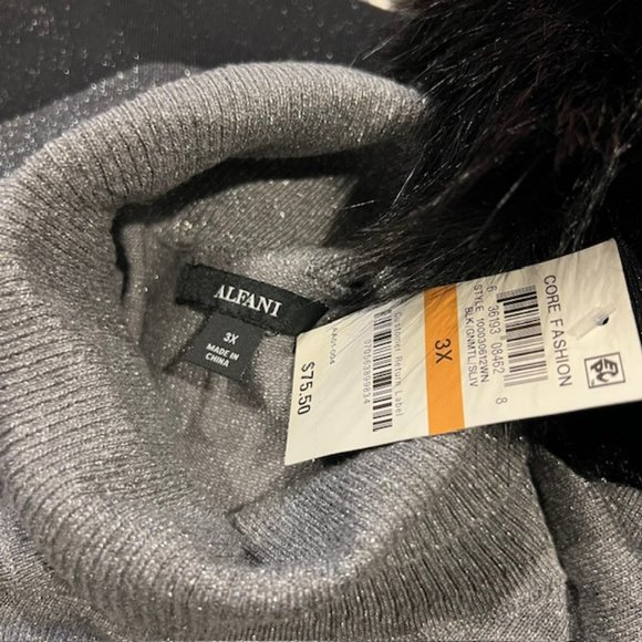 Alfani NWT Black & Gray Turtleneck Sparkling Sweater W/ Faux Fur Cuffs Size 3X - Picture 10 of 10